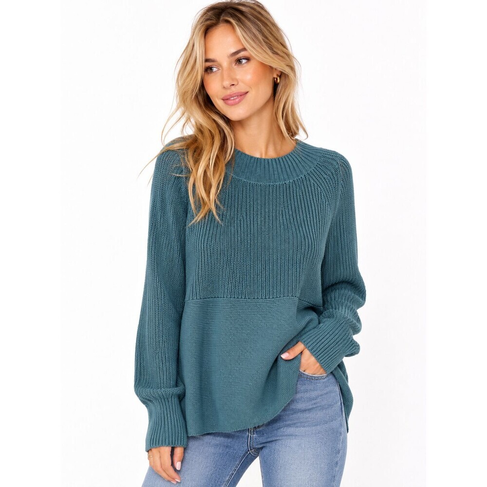 J.Jill Sweater Size Large Mock Neck Teal Ribbed Chunky Mixed Stitch Wool Blend